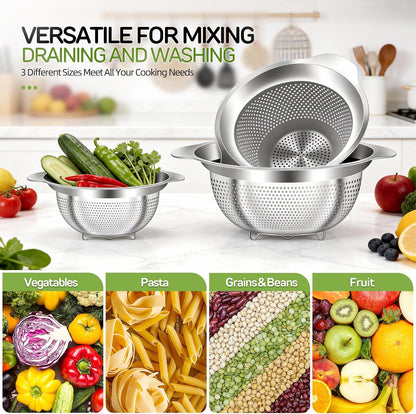 Stainless Steel Colander for Kitchen Pasta Rice Strainer for Spaghetti Fruit Cooking Food 3 Pcs Set Metal Mesh Strainers and Colanders(2QT, 3QT, 5QT),Dishwasher Safe,with Over-Sink Water Draining Base