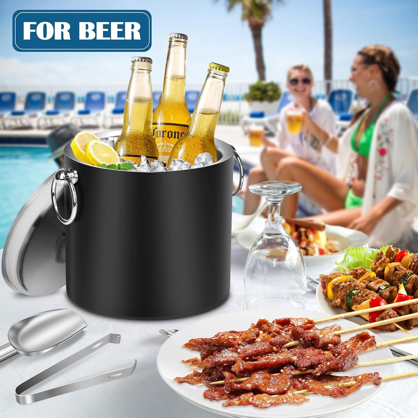 Ice Bucket with Lid & Tong- Well Made Insulated Stainless Steel Keep Ice Frozen Longer - Ideal for Cocktail Bar, Parties, Chilling Wine, Champagne - 3 Liter (Black)
