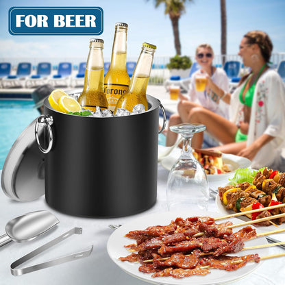 Ice Bucket with Lid & Tong- Well Made Insulated Stainless Steel Keep Ice Frozen Longer - Ideal for Cocktail Bar, Parties, Chilling Wine, Champagne - 3 Liter (Black)
