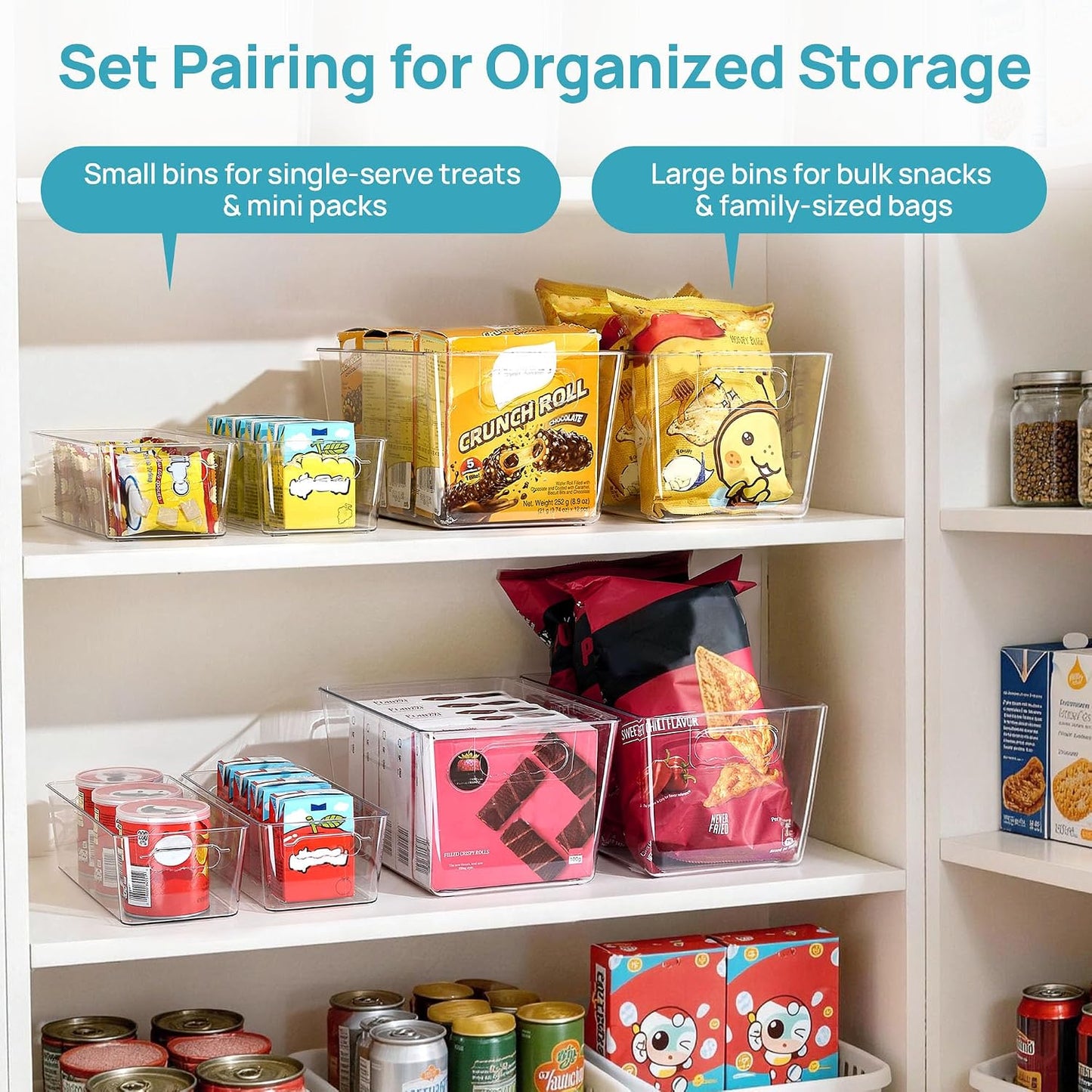 Vtopmart Clear Plastic Storage Bins, 6 PCS Pantry Organizer Bins with Handle for Refrigerator, Fridge, Cabinet, Kitchen, Countertops, Cupboard, Freezer Organization and Storage, Large