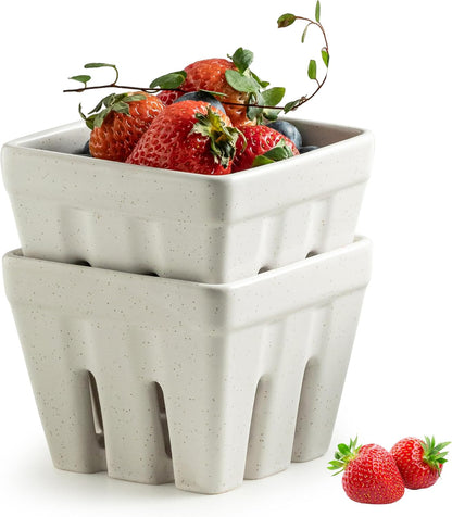 Gomakren Berry Bowls with Holes Ceramic, Berry Washing Bowl Basket Set of 2, 5.8 Inch Round Fruit Bowl Storage Containers, Strawberry Baskets, Farmhouse Kitchen Decor, Yellow + Brown