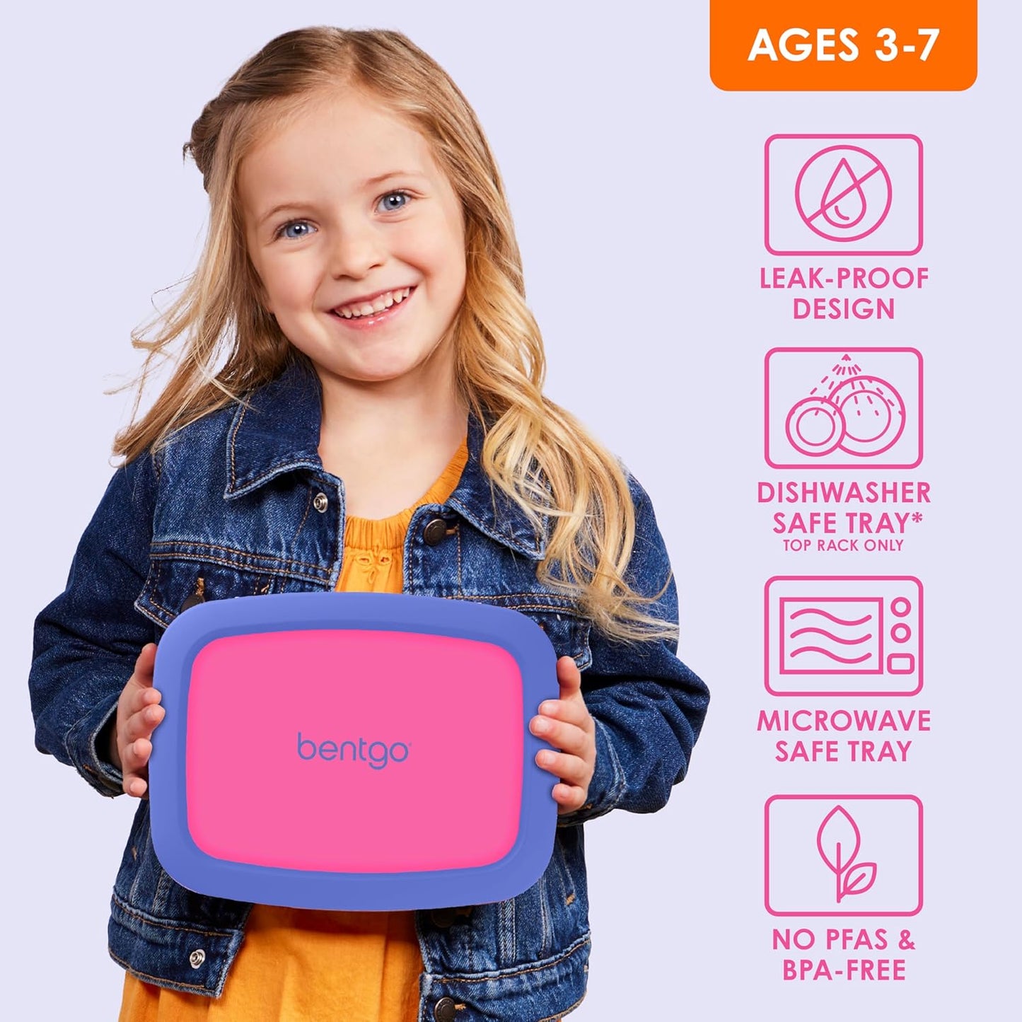 Bentgo Kids Bento-Style 5-Compartment Leak-Proof Lunch Box - Ideal Portion Sizes for Ages 3 to 7 - Durable, Drop-Proof, Dishwasher Safe, PFAS & BPA-Free & Made with Food-Safe Materials (Purple)