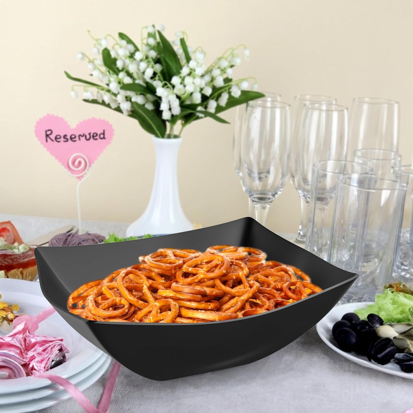 R-kay 6 Pack Square Plastic Serving Bowls - Clear Plastic bowls 16 Oz - Disposable Serving Bowls Heavy Duty For Weddings Catering And Birthday parties