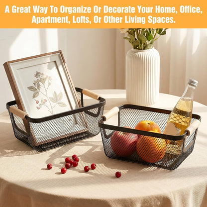 6 Pack Wire Baskets for Storage, Metal Storage Basket with Wooden Handles, Kitchen Basket for Pantry Organization, Black Wire Mesh Bins for Cabinet, Fridge, Fruit, Snacks, and Office Supplies