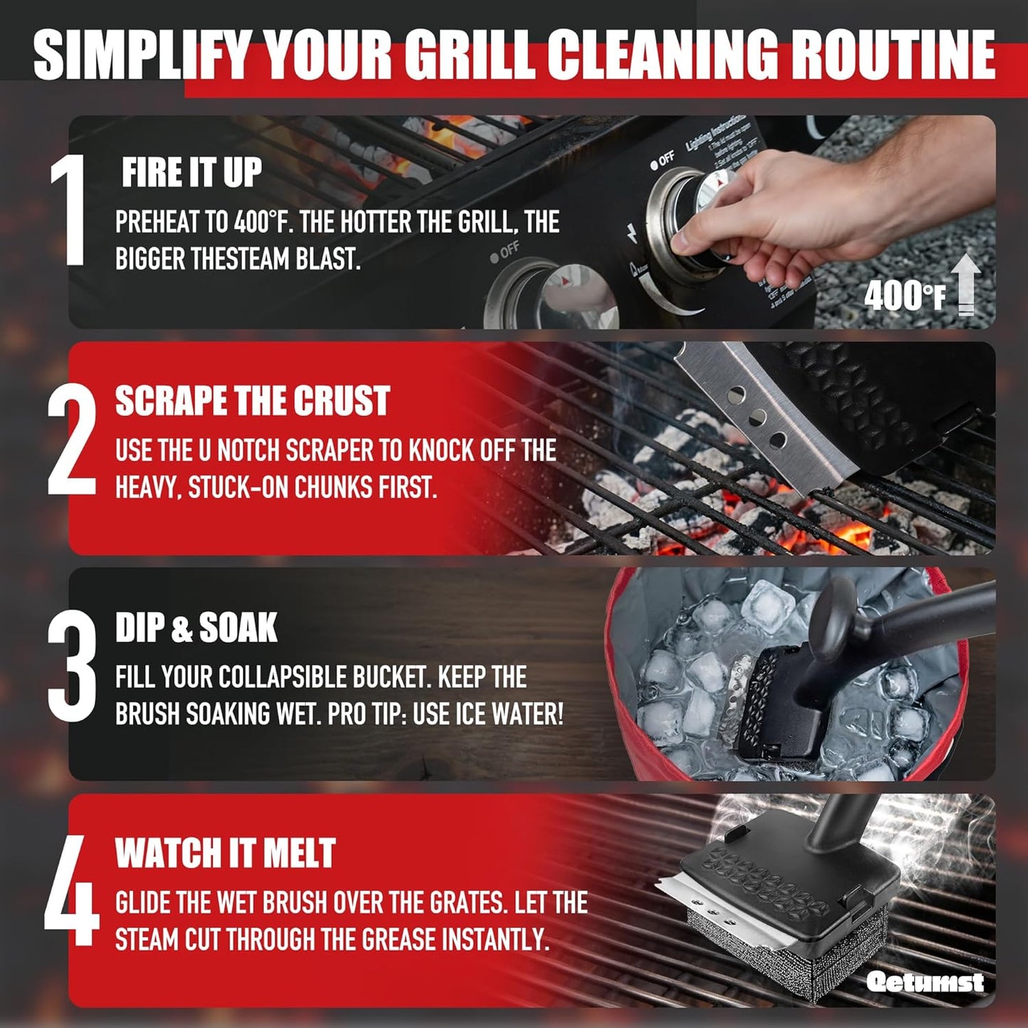 Qetumst Grill Brush Bristle Free with Collapsible Bucket, Steam BBQ Cleaning Kit & 3 in 1 Scraper, Extra Replaceable Head, Safe Outdoor Accessories for Cast Iron, Porcelain Grates