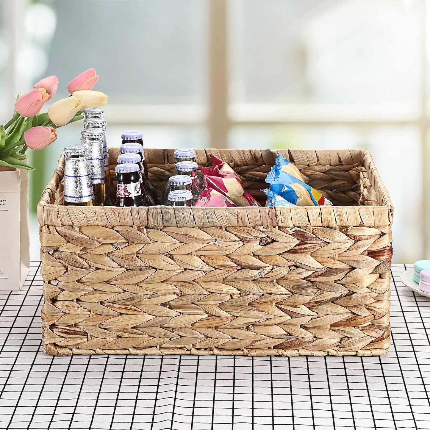 Hipiwe Water Hyacinth Storage Basket Bin Handwoven Decorative Basket Large Wicker Baskets Box with Handles Open Storage Bin Rectangular Baskets Containers for Shelf Pantry Organizing