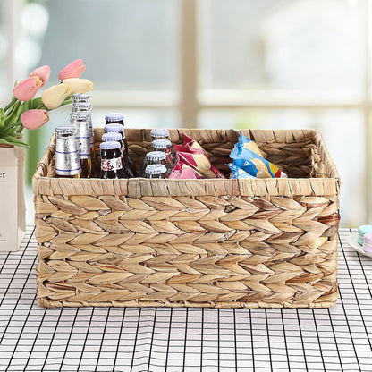 Hipiwe Water Hyacinth Storage Basket Bin Handwoven Decorative Basket Large Wicker Baskets Box with Handles Open Storage Bin Rectangular Baskets Containers for Shelf Pantry Organizing