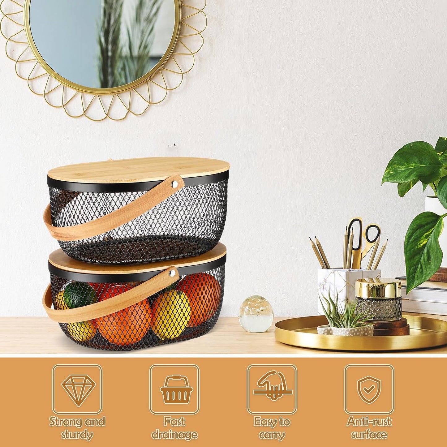 4 Pcs Stackable Metal Mesh Fruit Basket with Lid Oval Wire Mesh Storage Basket with Handle 10 x 7 x 3.9 Inch Stackable Wire Baskets Pantry Organizer for Fruit Vegetable Kitchen, Black