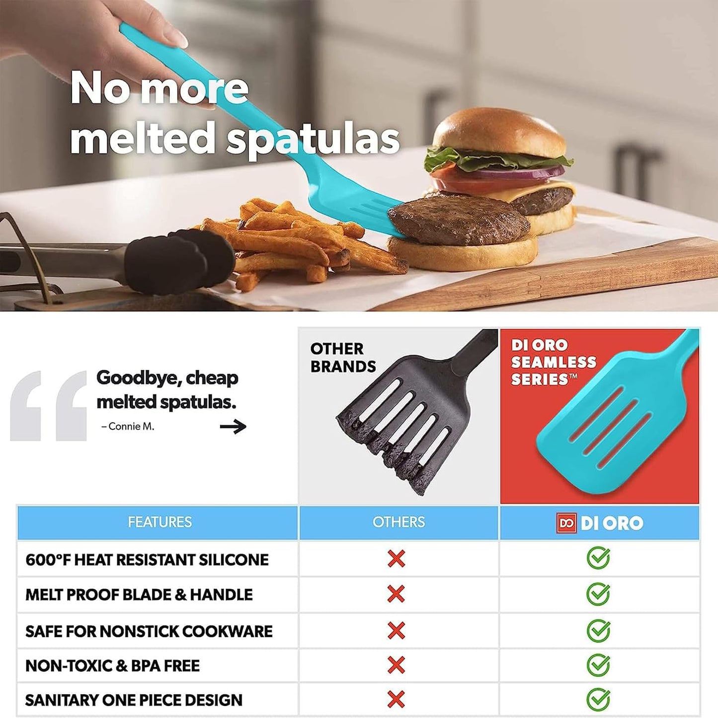DI ORO Silicone Turner Spatula Set - Kitchen Spatulas for Nonstick Cookware - Cooking Utensils for Flipping Eggs & Pancakes - 600°F Heat-Resistant BPA Free Turners - Dishwasher Safe (4pc, Black)