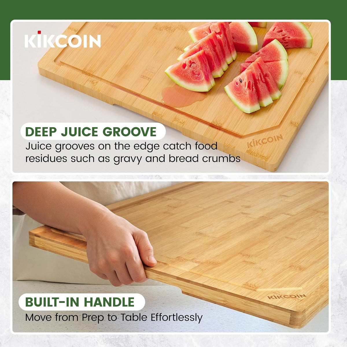 Kikcoin 17"×11" Bamboo Cutting Boards for Kitchen, Knife-Friendly Food Grade Wooden Cutting Boards for Kitchen, Charcuterie, Extra Large Chopping Boards with Deep Juice Groove, Reversible, Natural