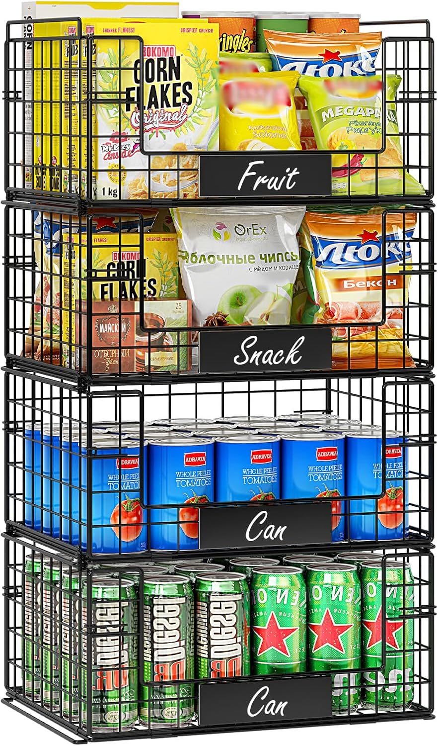 JKsmart 8-Tier Stackable Wire Basket, Can Organizer for Pantry Kitchen, XXL Metal Storage Shelves with Dividers & Handles, Easy Assembly Space Saving Storage Bins for Snacks Fruits Veggies