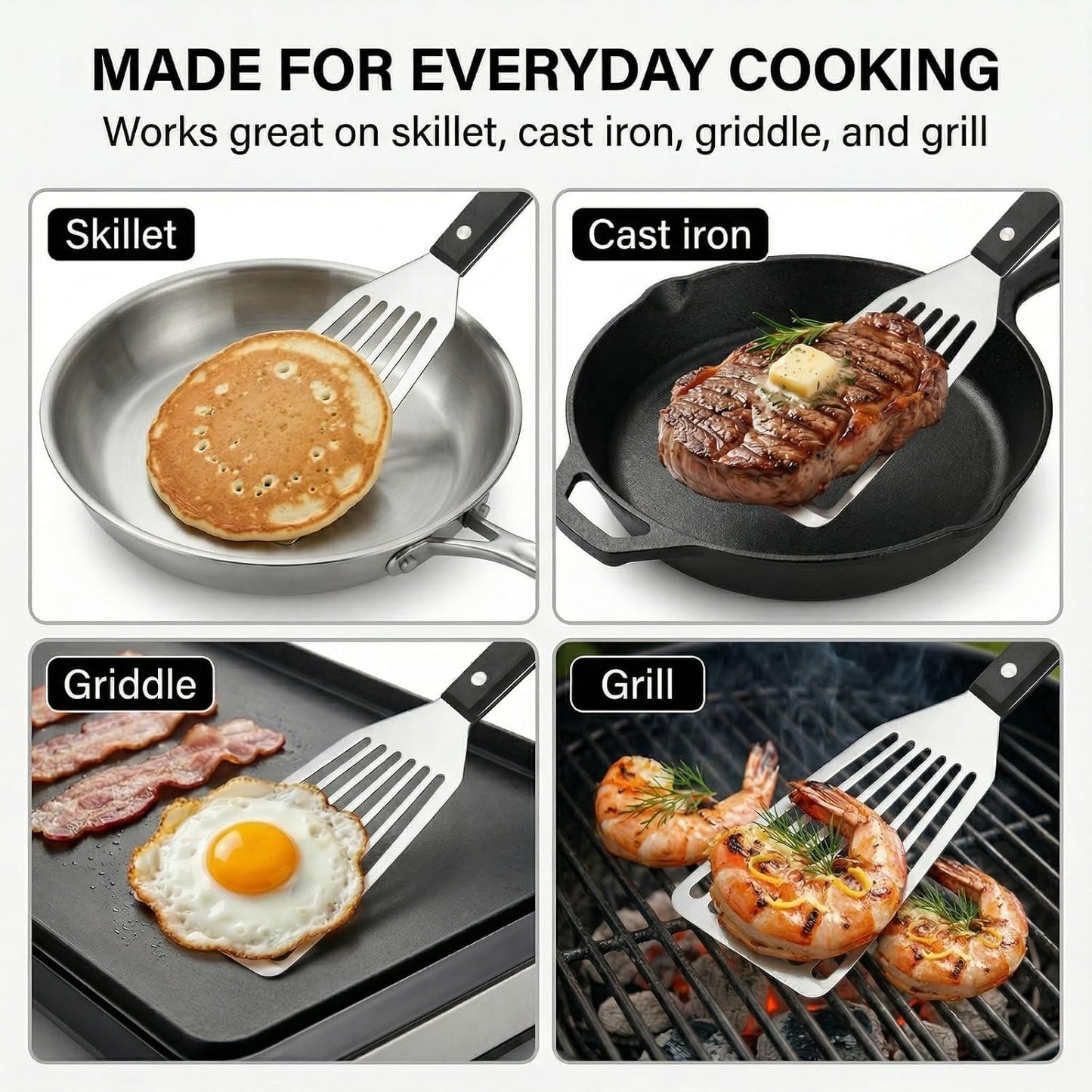 Fish Spatula, 12" Stainless Steel Slotted Turner for Cast Iron & Griddle | Firm 1.2 mm blade gives steady support for fish, burgers, eggs and pancakes; beveled front edge helps slide under food.