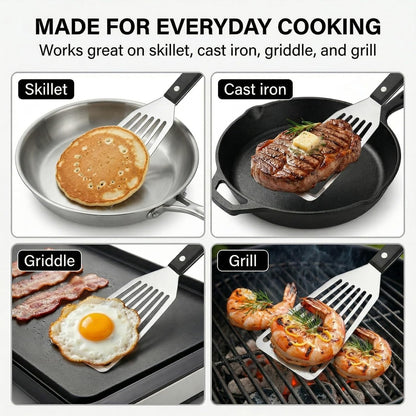 Fish Spatula, 12" Stainless Steel Slotted Turner for Cast Iron & Griddle | Firm 1.2 mm blade gives steady support for fish, burgers, eggs and pancakes; beveled front edge helps slide under food.