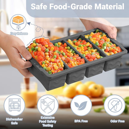 Silicone Freezer Trays with Lid for Soup, 1-Cup & 2-Cup Large Ice Cube Molds Food Storage Containers for Meal Prep, Freeze 500mL/250mL/125mL Portions – 2 Pack