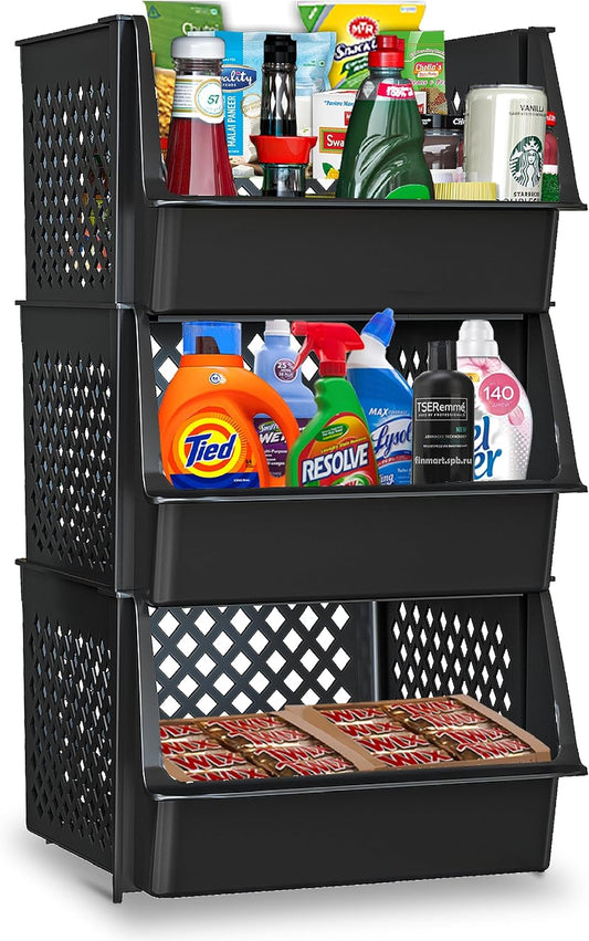 TidyFriend 4 Pack Stackable Storage Bins Open Front for Pantry Organizers and Storage, Pantry Storage for Food, Kitchen and Home Organization, Plastic Storage Bins, Dorm Room Essentials (Grey)