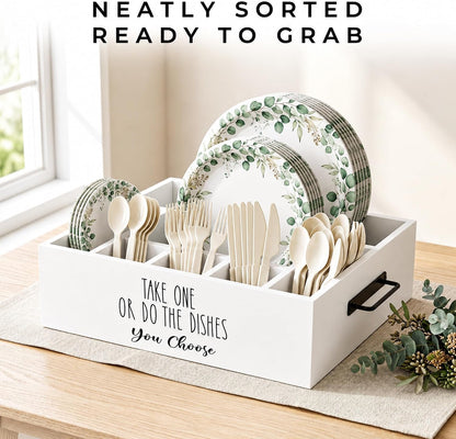 Paper Plate Holder, Plastic Silverware Caddy, Plastic Utensil Dispenser for Party Buffet Camping BBQ, Disposable Spoon Fork Knives Dish Cup Napkin Storage Organizer for Kitchen Counter (White)