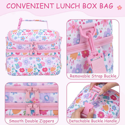 Kasqo Lunch Bag Kids, Dual Compartment Insulated Cooler Bag 7.5L Girls Boys Toddler Lunch Box Containers for Daycare School Kindergarten Travel Ombre Butterfly