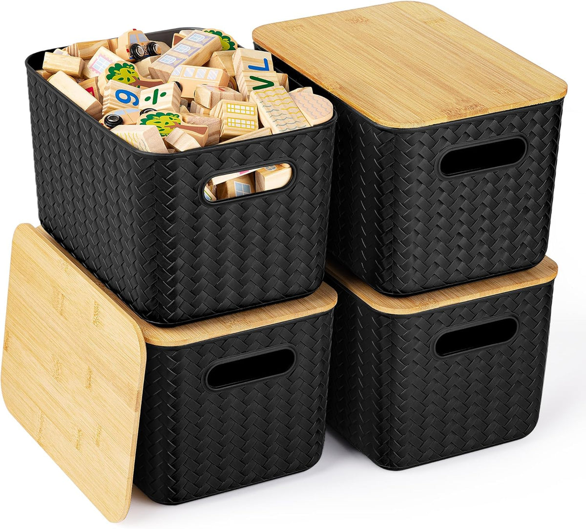 Ohmlove 4 Packs Storage Bins with Bamboo Lids - Plastic Storage Containers with Lids Stackable Storage Box：Storages Baskets for Organizing Desktop Closet Playroom Classroom Office,White