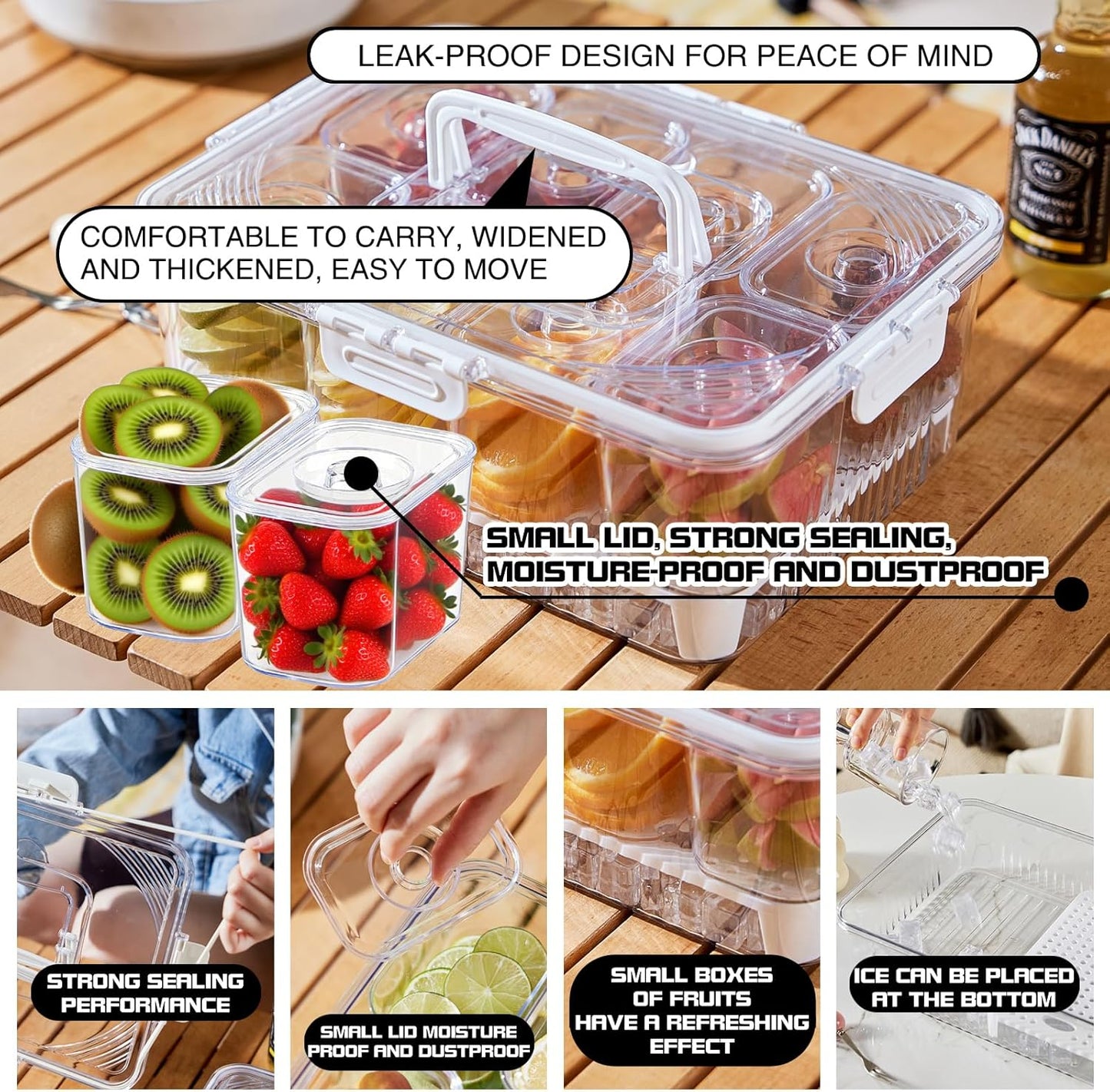 Chilled Snackle Box Container with Ice Tray - 8 Compartment Serving Tray with Lid & Handle, Leak-Proof & Odor-Free Snack Box, Portable Cold Food Platter for Picnic, Party, Travel, Road Trip