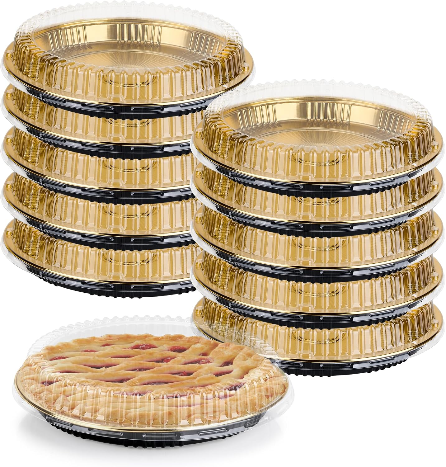 10 Pcs Disposable Pie Carrier with Clear Lid 12 Inch Round Pie Carrier Pies Holder with Lids for Cake Pizza Candy Salads Meal Prep, Gold