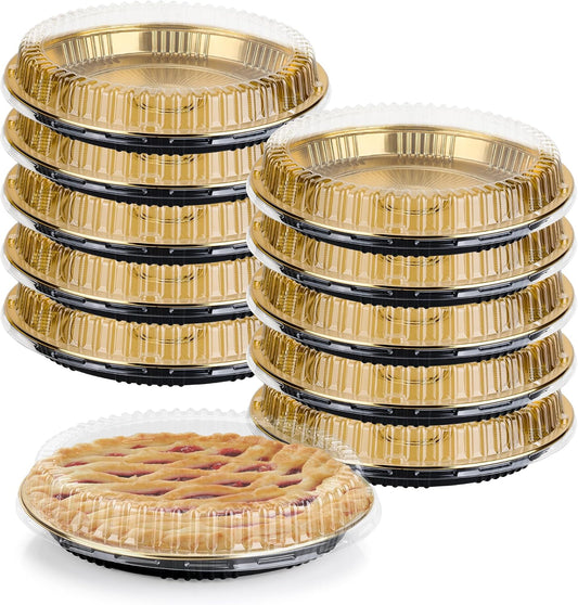 10 Pcs Disposable Pie Carrier with Clear Lid 12 Inch Round Pie Carrier Pies Holder with Lids for Cake Pizza Candy Salads Meal Prep, Gold