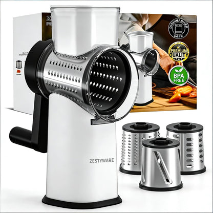Rotary Cheese Grater Hand Crank with Foldable Handle, Three Blades