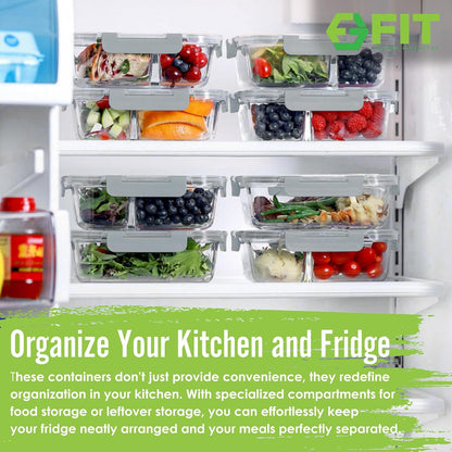 FIT Strong & Healthy 2 and 3 Compartment Glass Meal Prep Containers – Glass Bento Box for Adults, Portion Control, Food Storage, Lunch Container, Oven & Freezer Safe, Leak-Proof, 32 oz, Gray, 4 Pack