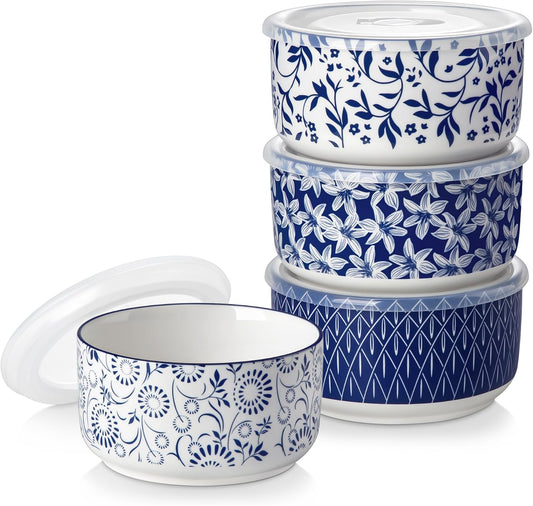 vancasso Ceramic Nesting Bowls with Lids Set of 4, Serving Bowls for Food Storage, Prep Bowl, Ceramic Bowl for Kitchen, Microwave & Dishwasher Safe, 60+36+20+10 Oz, Series SELENE