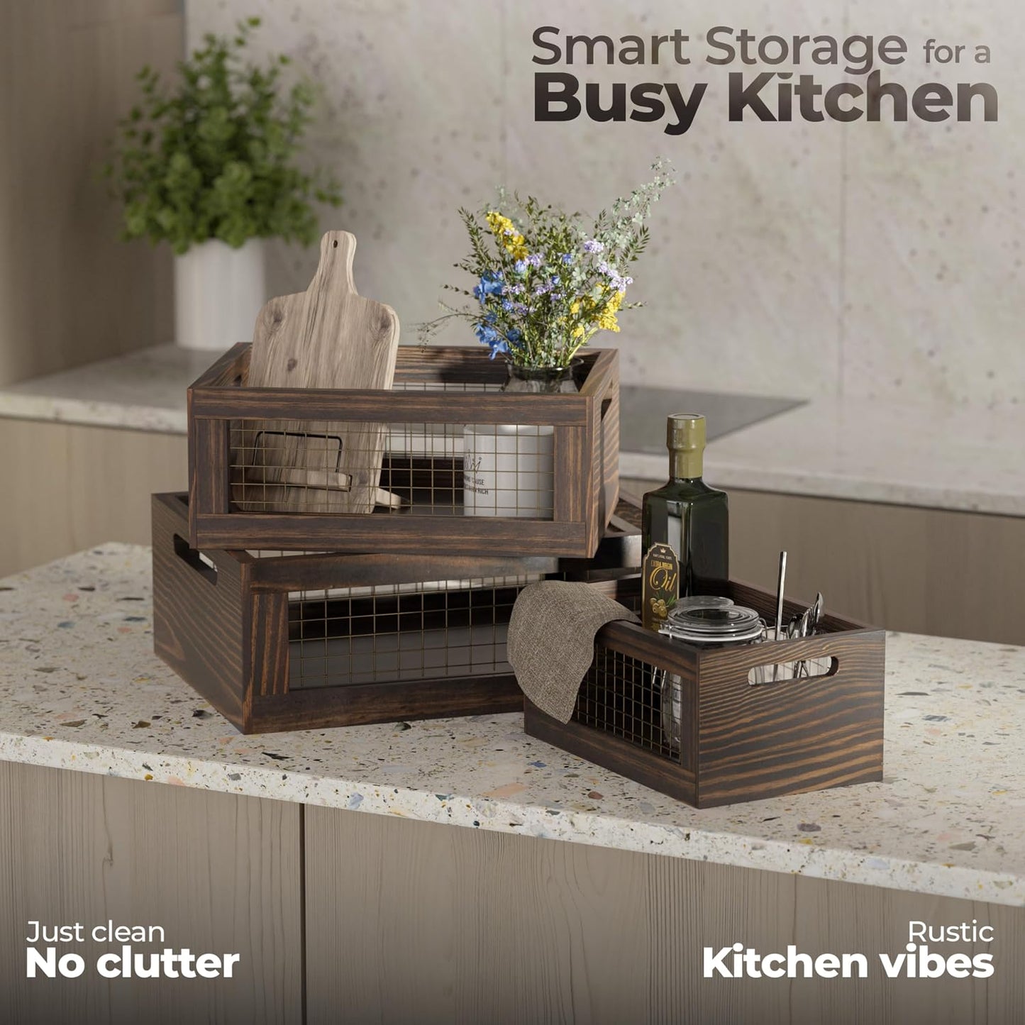 Set of 3 Wooden Nesting Countertop Baskets, Rustic Wood Storage Crates with Handles for Kitchen, Pantry, Bathroom, Fruit, Vegetables, Bread