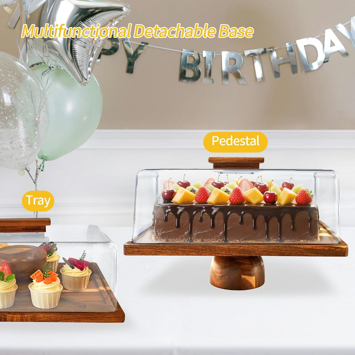 Acacia-Wood-Cake-Stand With Acrylic Lid, Rectangular Cake Plates Charcuterie Board With Cover, 2-in-1 Cake Holder With Dome，Dessert Table Display Stand For Cheese, Chips & Dips, Nachos, Fruit Platter