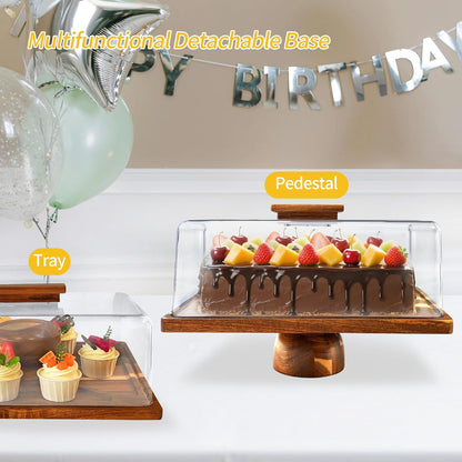 Acacia-Wood-Cake-Stand With Acrylic Lid, Rectangular Cake Plates Charcuterie Board With Cover, 2-in-1 Cake Holder With Dome，Dessert Table Display Stand For Cheese, Chips & Dips, Nachos, Fruit Platter