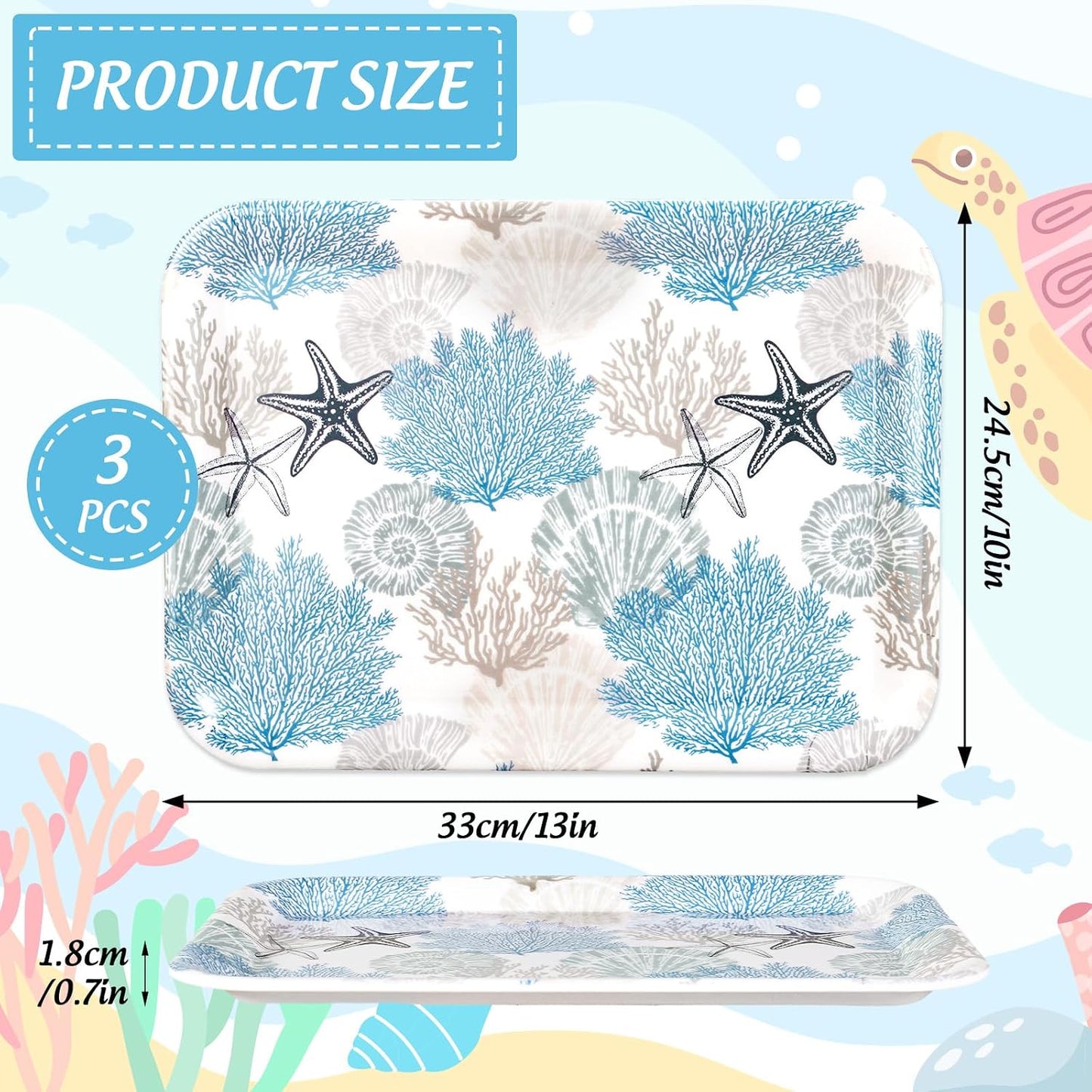 JarThenaAMCS 3Pcs Summer Serving Trays Reusable Serving Dishes Blue Ocean Coral Starfish Seashell Platter for Outdoor Sea Beach Party Serving Food Snacks Fruits Dessert