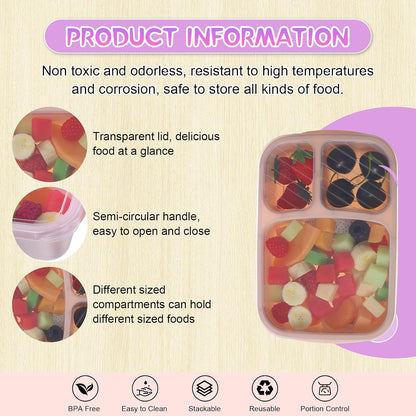 Honeydak 5 Pack Snack Containers 3 Compartment Bento Snack Boxes Divided Meal Prep Containers with Lids Reusable Adults Lunch Food Storage Box for School Work Travel(Elderberry)