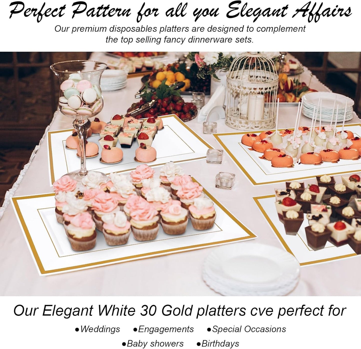 Uiifan 30 Pcs Plastic Serving Tray Bulk White Gold Rim Elegant Rectangle Disposable Plastic Dessert Table Display Set Serving Trays Platter for Weddings Birthday Party Food Fruit Dessert 8 x 13 Inch