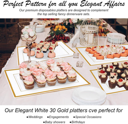 Uiifan 30 Pcs Plastic Serving Tray Bulk White Gold Rim Elegant Rectangle Disposable Plastic Dessert Table Display Set Serving Trays Platter for Weddings Birthday Party Food Fruit Dessert 8 x 13 Inch