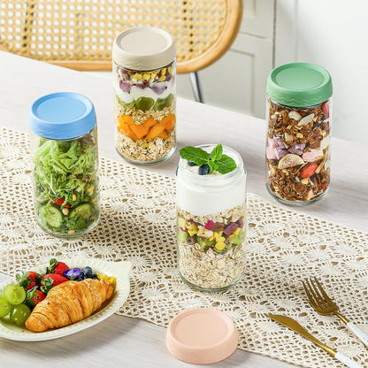 DRKIO 16 Oz Overnight Oats Containers with Lids - 6 Pack Glass Storage Jars with Airtight Lids Wide Mouth Mason Food Jars Great for Meal Prep Salad Chia Pudding Snacks Yogurt Sugar Spice Cereal