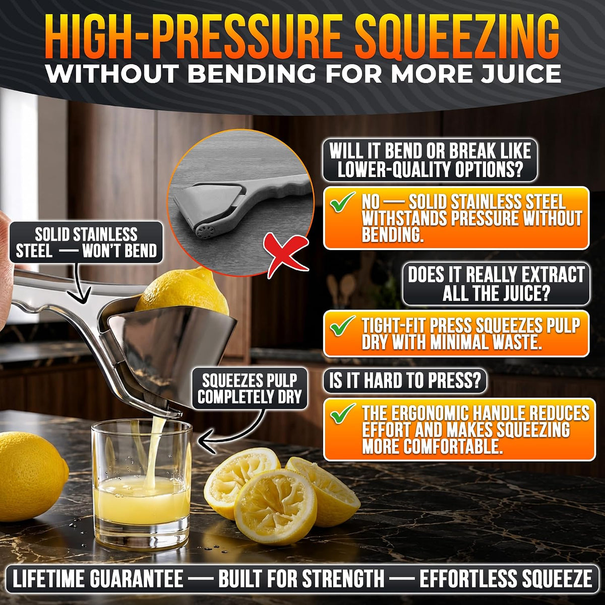 Fold Flat Lemon Squeezer Stainless Steel, Heavy Duty Citrus Juicer