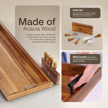 TIDITA Acacia Large Charcuterie Boards for Party with Cheese Knife Set of 4 – Acacia Wood Serving Tray with Handles, Long Charcuterie Board, Wooden Cheese Board (Walnut Color, 30 Inch)