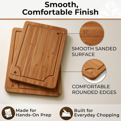 Wood Cutting Board Set of 3 with Holder - Sturdy & Easy to Clean Bamboo Wooden Cutting Boards for Kitchen - 3 Sizes of Chopping Board with Juice Grooves for Meal Prep, Everyday Use, Housewarming Gift