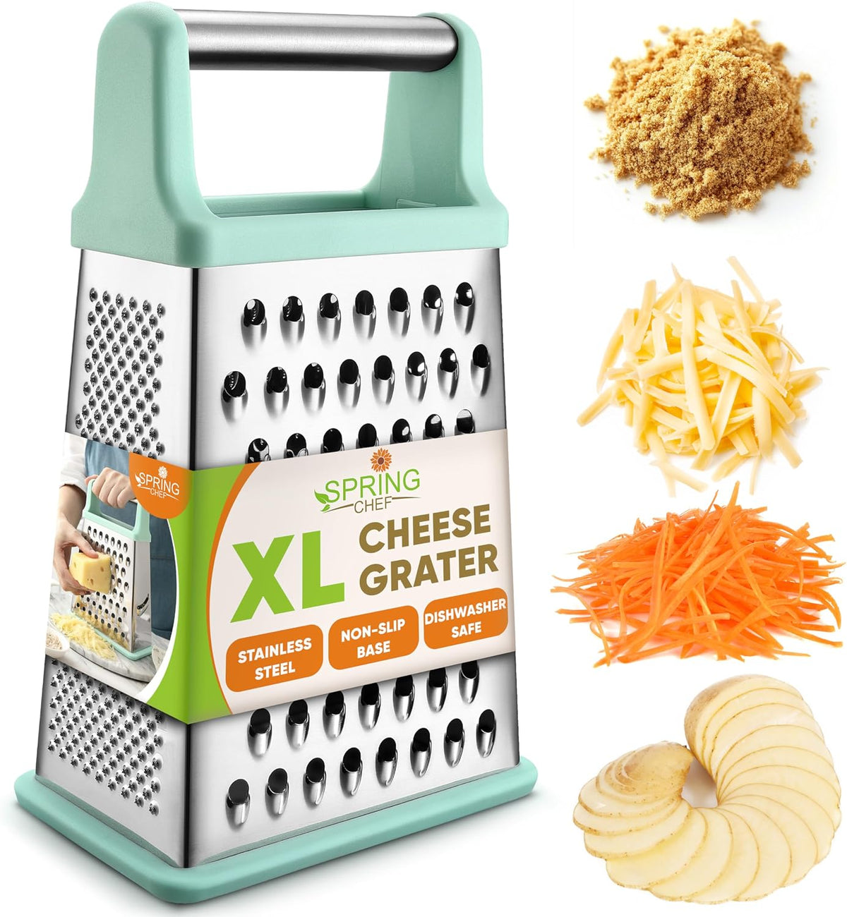Spring Chef Stainless Steel XL Cheese Grater for Kitchen, Green