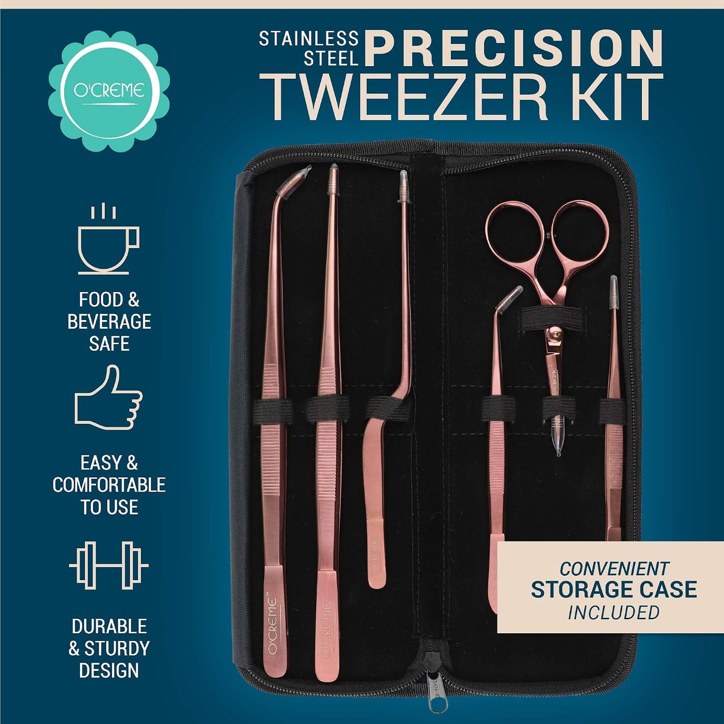 O'Creme Set of Culinary Tweezer Tongs Offset, Straight and Curved, Plus Super Sharp Chef Scissors, Total 6 Pieces (Rose Gold)