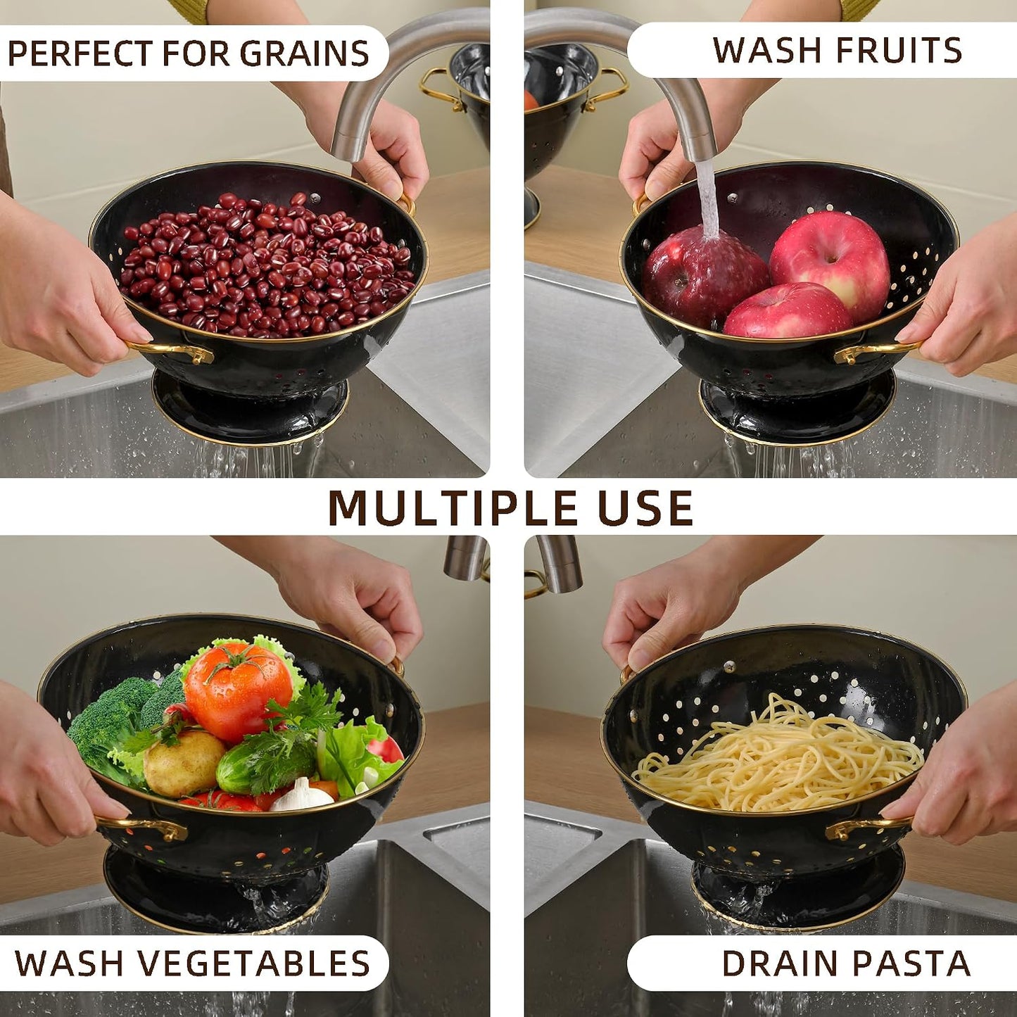 Metal Colander Set of 2, Strainer Basket with Handles 3.5 & 5 Qt Powder Coated Self-draining Solid Ring Base Metal Large Kitchen Colander Bowel for Pasta Vegetable Fruit (PINK)
