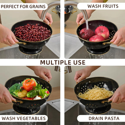 Metal Colander Set of 2, Strainer Basket with Handles 3.5 & 5 Qt Powder Coated Self-draining Solid Ring Base Metal Large Kitchen Colander Bowel for Pasta Vegetable Fruit (PINK)