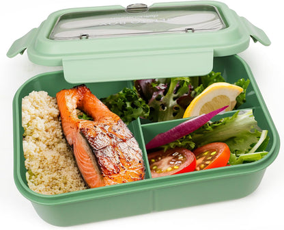 Fanhaw 40 Oz/5 Cup Bento Box for Kids, Men and Women, Lunch Box with 3 Compartments, Utensil, Microwave & Dishwasher Safe (Green)
