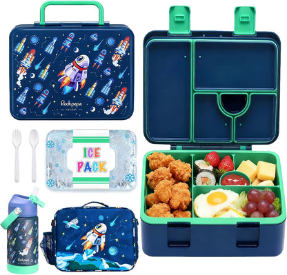 rockpapa Chill Kids Lunch Box Set with Leakproof 5.5 Cups Bento Box, Reusable Ice Pack, 14oz Insulated Water Bottle & Lunch Bag, BPA-Free Microwave Safe for School Boys Girls (Black Games)