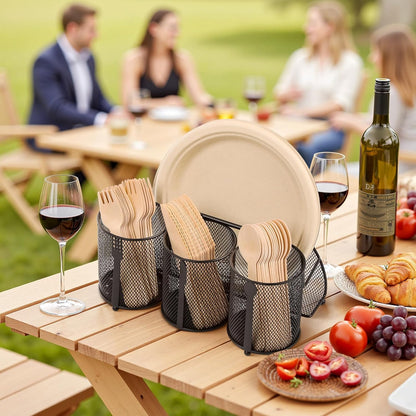 Utensil Caddy Silverware Holder for Party, Metal Mesh Cutlery Storage Organizer for Forks Spoons Napkins Plates, Perfect for Kitchen, Buffet, Picnic, Camping & Outdoor BBQ