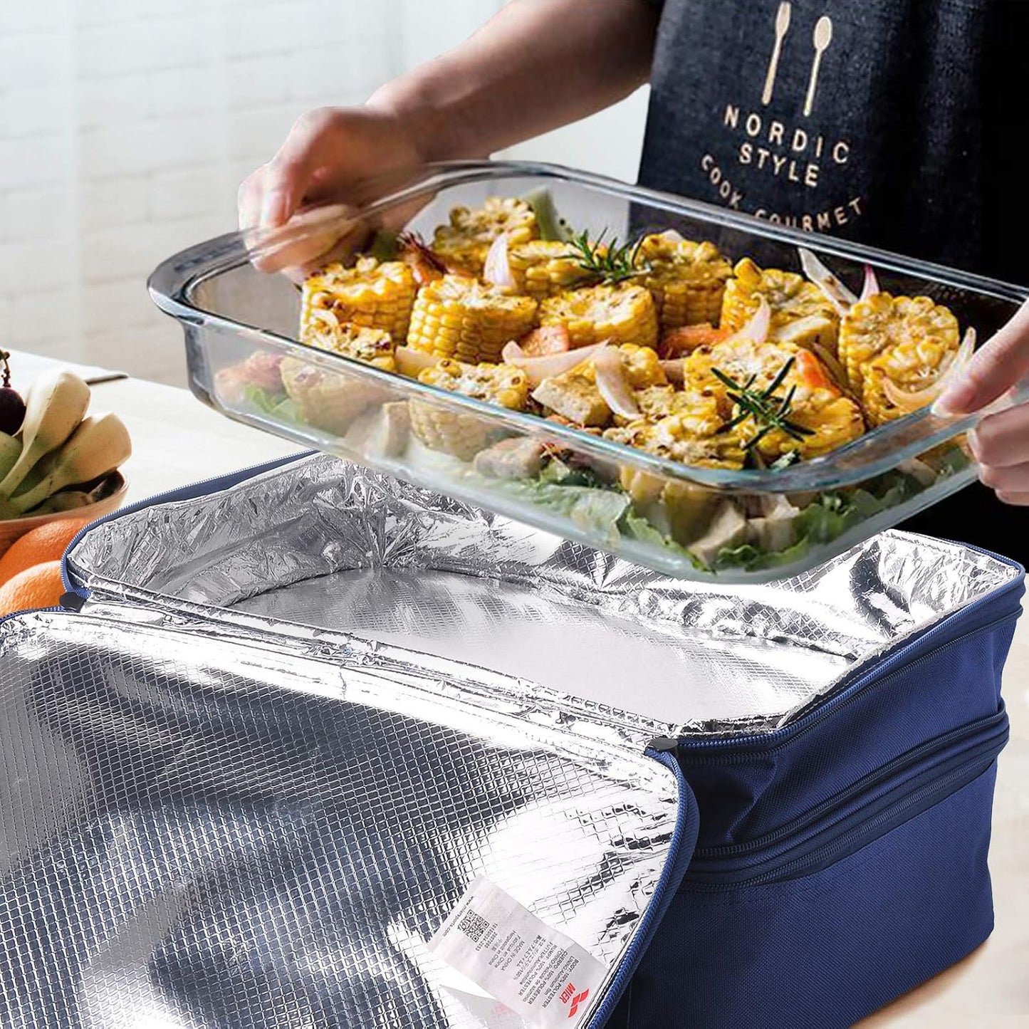 MIER Insulated Double Casserole Carrier Bag for Lasagna Lugger, Potluck Parties, Picnic, Beach, Fits 9 x 13 Inches Baking Dish, Casserole Dish, Expandable, Dark Blue