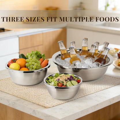 Mixing Bowls Set of 3 Stainless Steel, 7.9″ 10.2″ 14.2″ Metal Bowls for Baking Dough Salad Kitchen