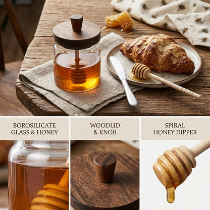 12 Oz Honey Jar with 2 Wooden Dippers and Lid,Honey Pot Dispenser,Clear Glass Honey Container for Home Kitchen,Store Honey and Syrup,Easy to Clean