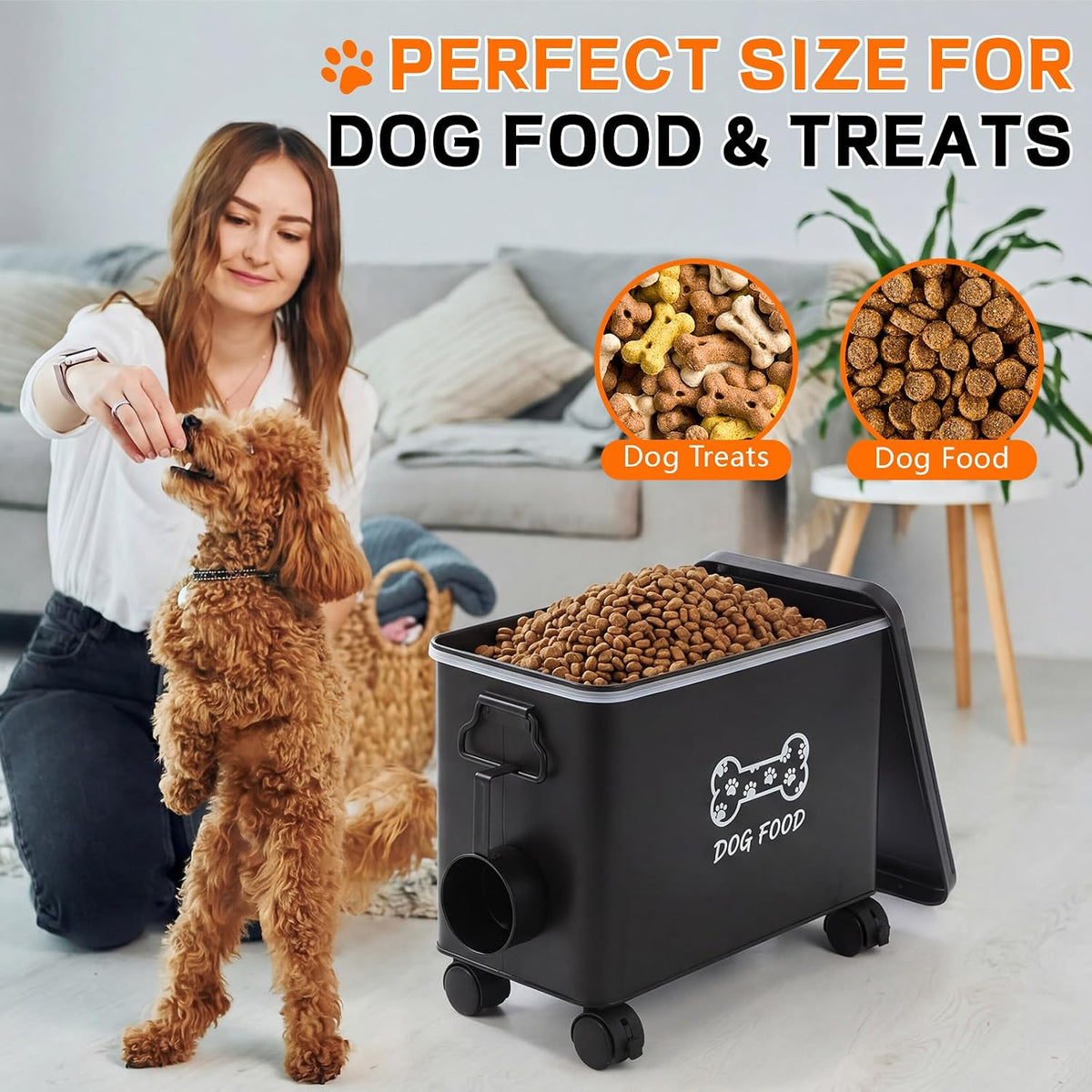 Moxweyeni Dog Food Container 13 lb Cute Airtight Food Storage Containers with Metal Lid Scoop Black Metal Storage Bin for Dog Cat with Wheels